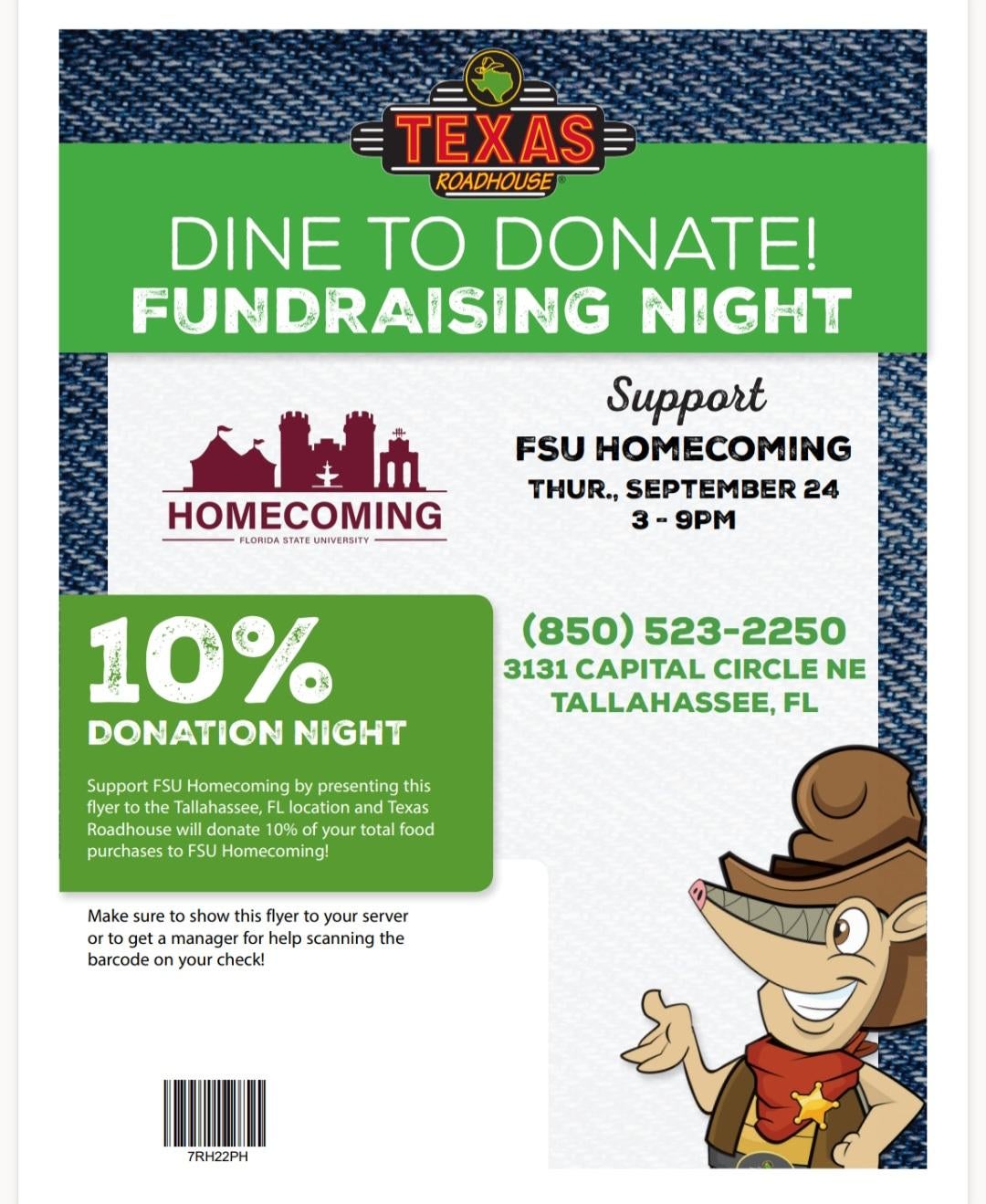 Flyer for Fundraising Night at Texas Roadhouse supporting FSU Homecoming