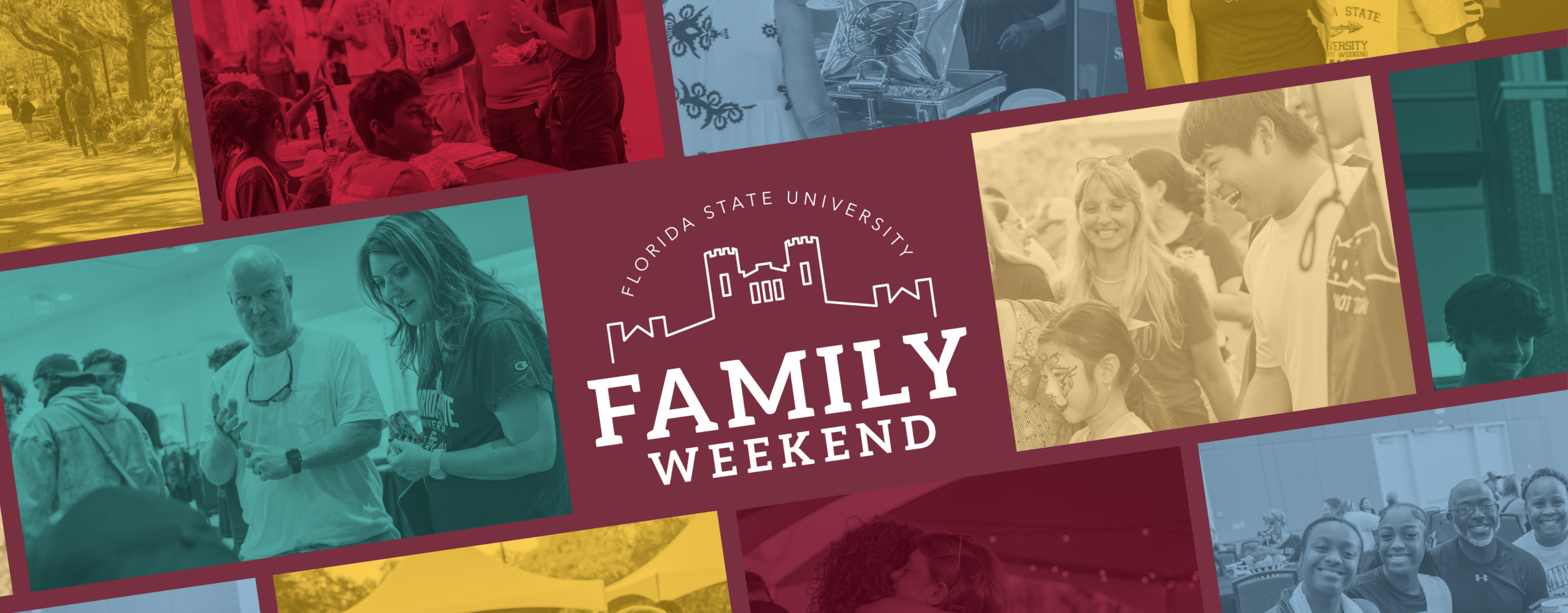 A colorful collage promoting Florida State University Family Weekend, featuring photos of students and families participating in campus activities, social events, and outdoor gatherings, with “Family Weekend” text and an FSU-themed emblem centered in the design.