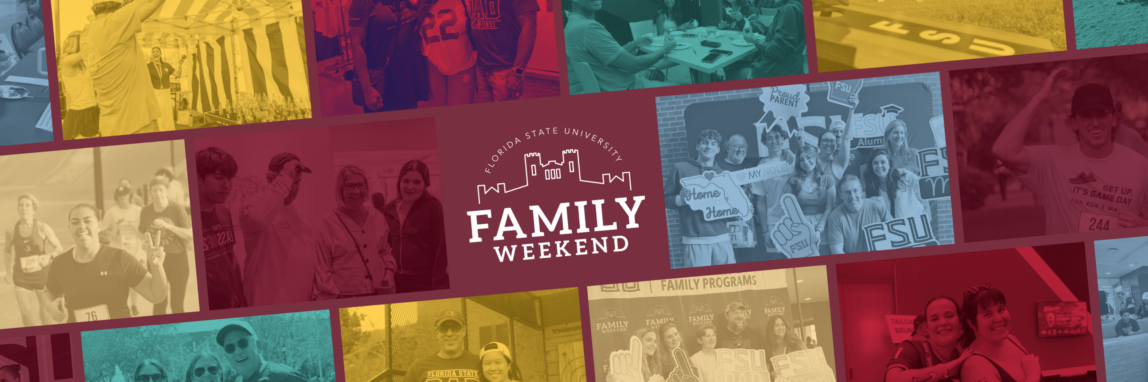 A colorful collage promoting Florida State University Family Weekend, featuring photos of students and families participating in campus activities, social events, and outdoor gatherings, with “Family Weekend” text and an FSU-themed emblem centered in the design.