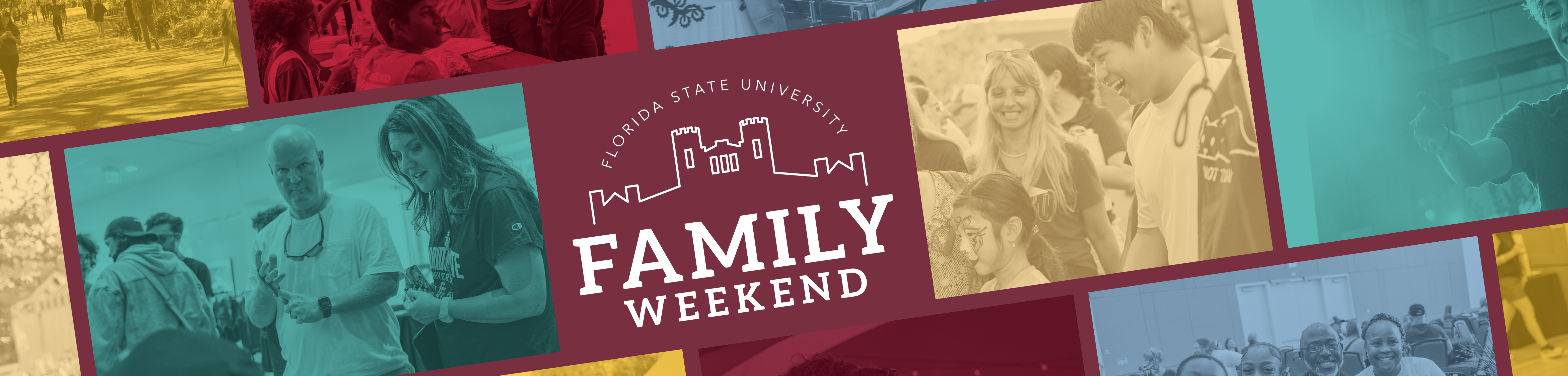 The image is a promotional banner for "Florida State University Family Weekend," featuring various family and student interactions in a colorful collage.